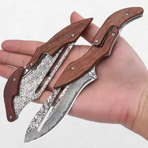 Damascus Steel Folding Knife, Pocket Knife Yellow Sandalwood Handle Mechanical Lock Outdoor Camping Survival (Curved Blade,Suguha)
