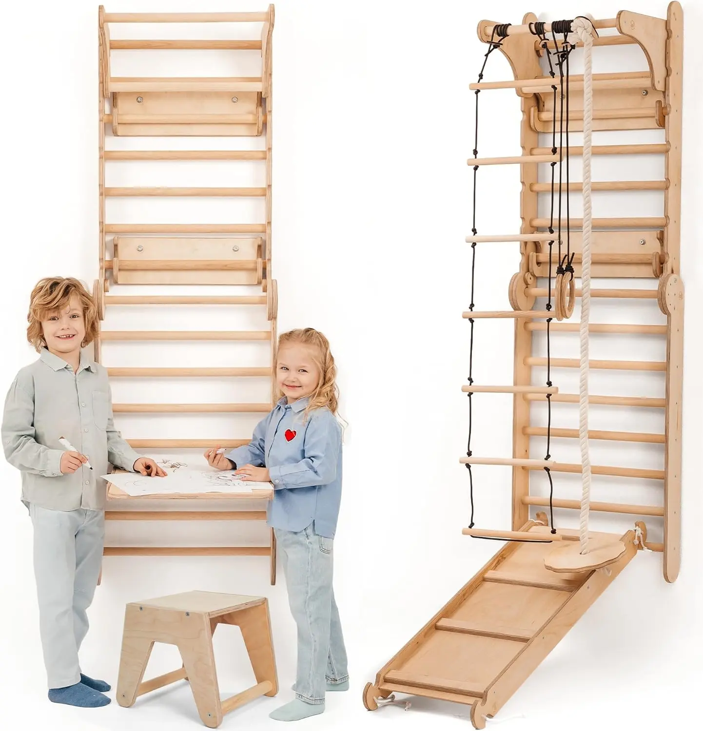 6-in-1 Wooden Swedish Wall & Indoor Playground with Slide – Versatile Climbing Triangle & Art Set for Kids Ages 2-12