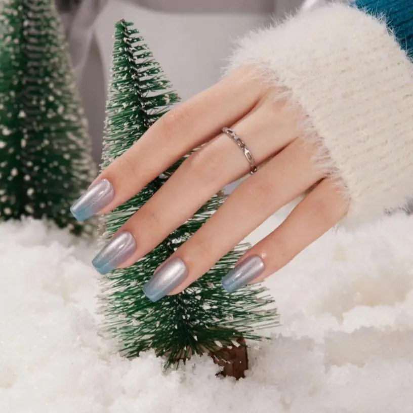 VSALON Medium Coffin Press on Nails, Icy Blue Ombre Cat Eye Shimmer Fake Nails, Glossy Chrome Reusable Soft Gel Semi-Transparent Glue on Nails, 32 Pcs in 16 Sizes Kits with Glue & Cuticle Oil