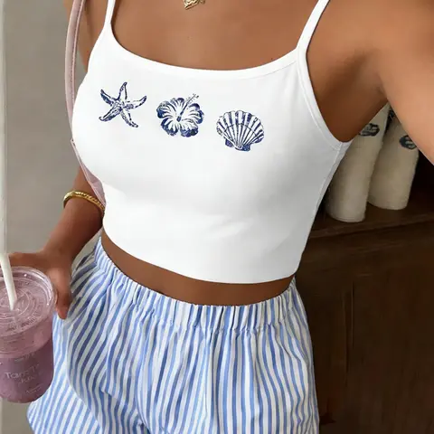 2-Piece Women's Spring & Summer Lightweight Casual Beach Outfits Set with Tropical Shell Print Sleeveless Crop Top and Striped Shorts, Adjustable Spaghetti Straps for Beach Vacations, Travel, Beachwear and Young Women