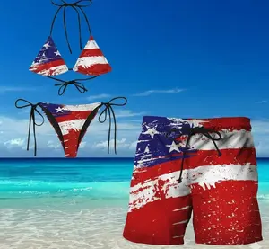 American Flag Bikini and Trunks Set, Patriotic Couple Swimsuit, USA Stars and Stripes Bathing Suit, Independence Day Beachwear, His and Hers