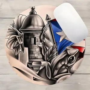 Puerto Rican Vintage Design Round Gaming Mouse Pad, Aesthetic Desktop Decorative Protective Pad, Desktop Accessory, Rubber Anti-slip Lockedge Work Pad, Non Slip Mousepad, Small Size Suitable for Laptop, Desktop Computer Games, Work, Family
