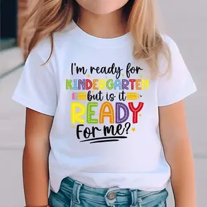 Kindergarten Ready" Colorful Letter Print Girls' T-Shirt- 100% Cotton, Round Neck, Short Sleeve, Comfortable Versatile Summer Top, Machine Washable kids