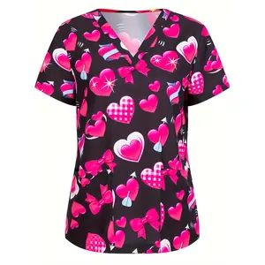 Heart Print V Neck Scrub Tops, Elegant Short Sleeve Patch Pockets Medical Nurse Uniform, Women's Clothing