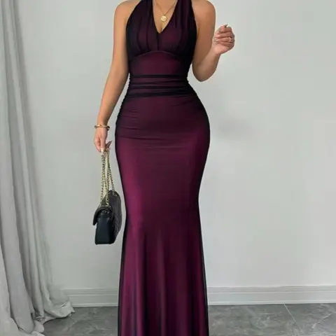 Women's Fashion Mesh Fabric Breathable Sleeveless Halter Neck Dress, Sexy Fish Tail Skirt Fit Formal Evening Gown, Plain Pattern, No Ca Prop, Stylish Nightwear, Club Party Dress