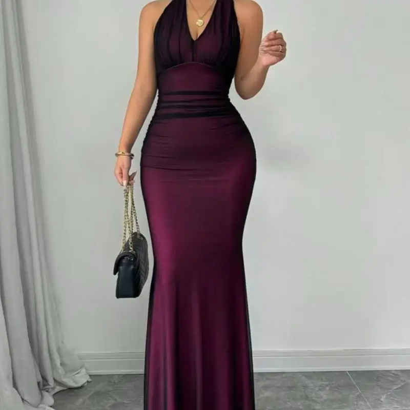 Women's Fashion Mesh Fabric Breathable Sleeveless Halter Neck Dress, Sexy Fish Tail Skirt Fit Formal Evening Gown, Plain Pattern, No Ca Prop, Stylish Nightwear, Club Party Dress