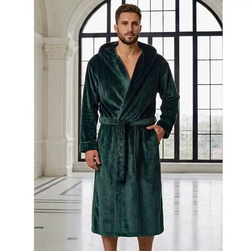 Emerald Green Hooded Royalty Robe, Soft Comfort Fleece Loungewear Bathrobe with Hood and pockets -Loungewear for men