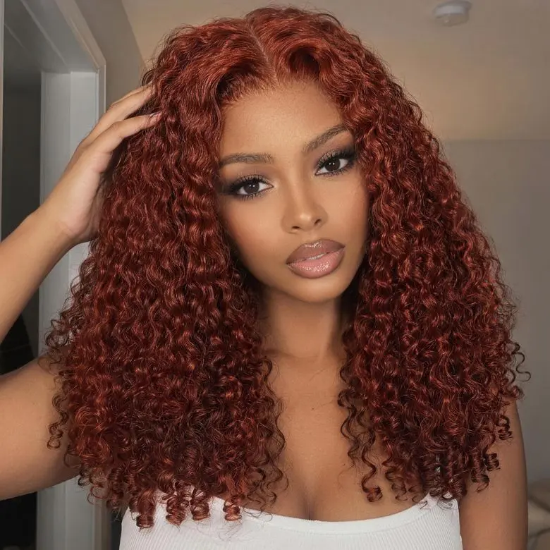 UNICE 7x5 Glueless Lace Wig, Reddish Brown Burmese Curly Human Hair, Bye-Bye Slip & Ready to Wear for Beginners with Drawstring, Glueless Lace Wigs