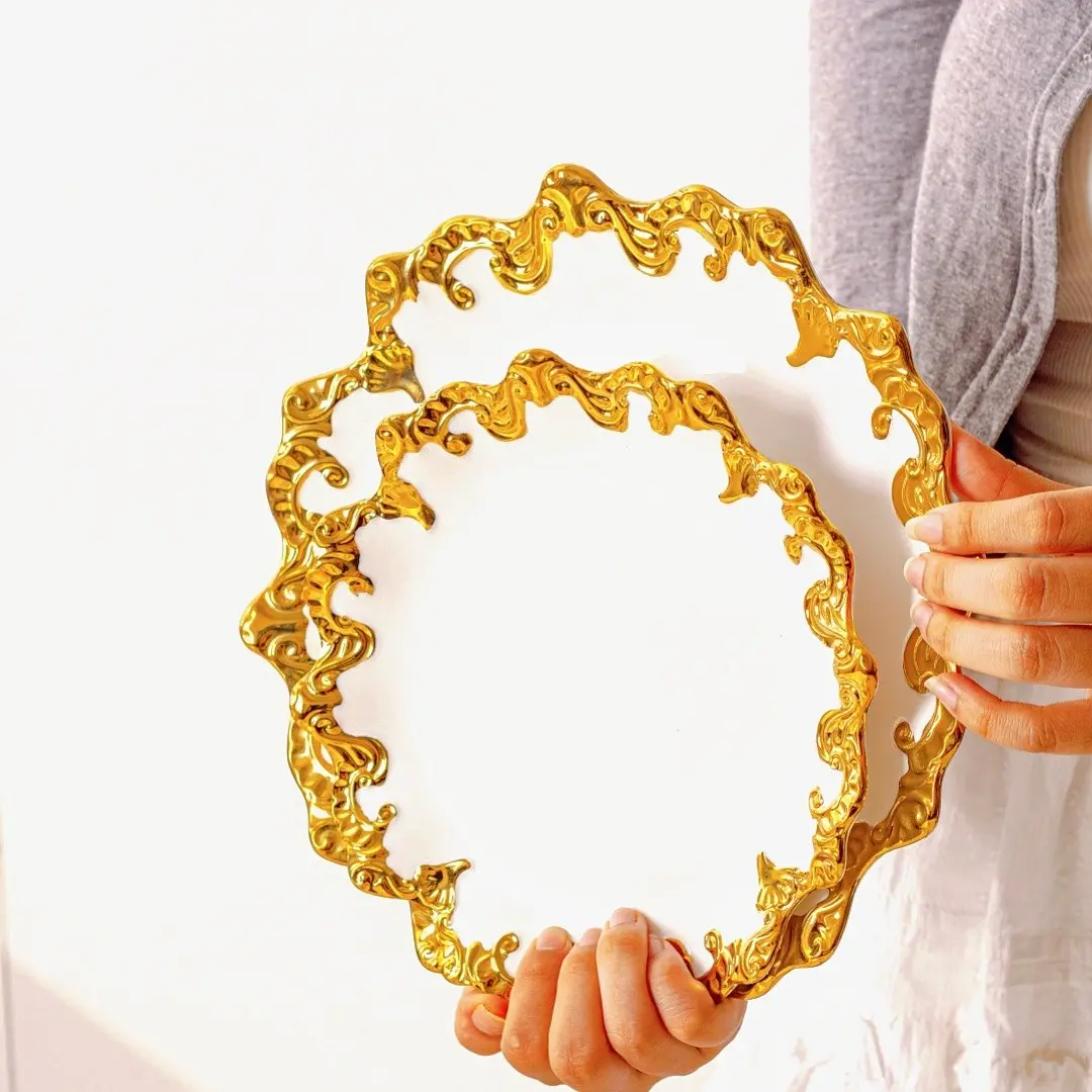 2-Piece Gold Trim Dinner Plate Set for Steak, Ideal for Family Gatherings, Middle Eastern Style, Dishwasher & Microwave Safe