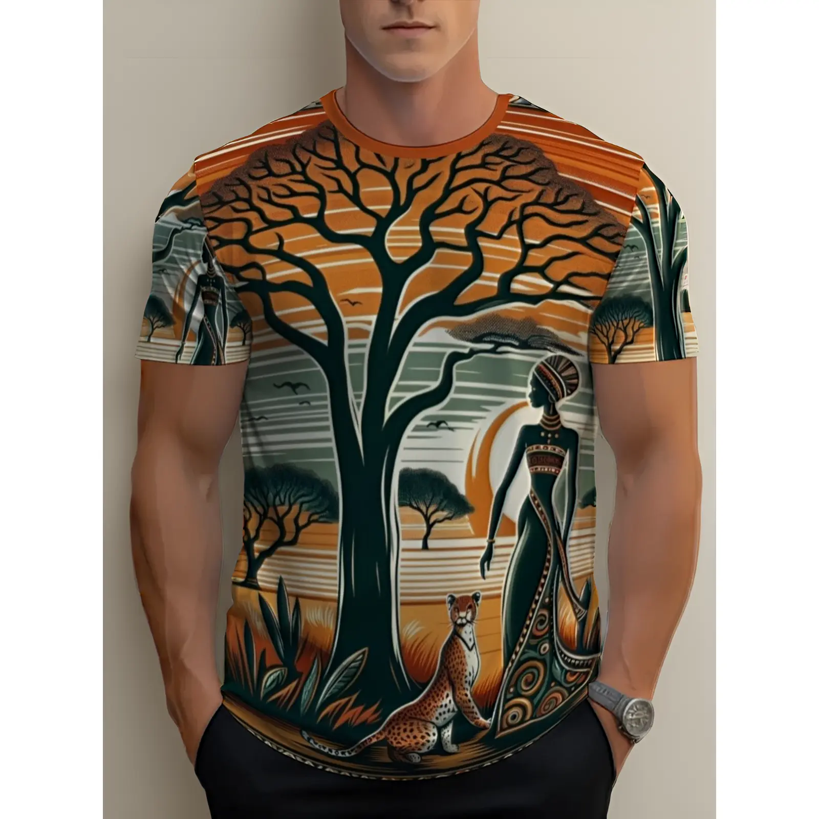 Men's African Safari T-Shirt, Casual Geometric Print Shortsleeve Crewneck in Lightweight Stretch Polyester Fabric, Menswear