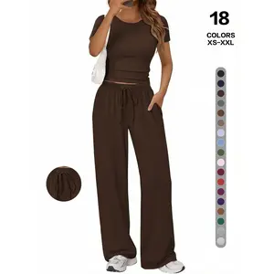 Simple Basic Home Clothing Set, Adjustable Drawstring Pocket Wide Leg Pants Two-Piece Set, Comfortable Multi-Wear Casual Loungewear for Women
