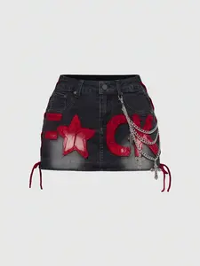 Women Embroidered Denim Mini Skirt With Chain Charm, Black Washed Jean Skirt, Y2K Street Fashion New Arrival For Spring Summer