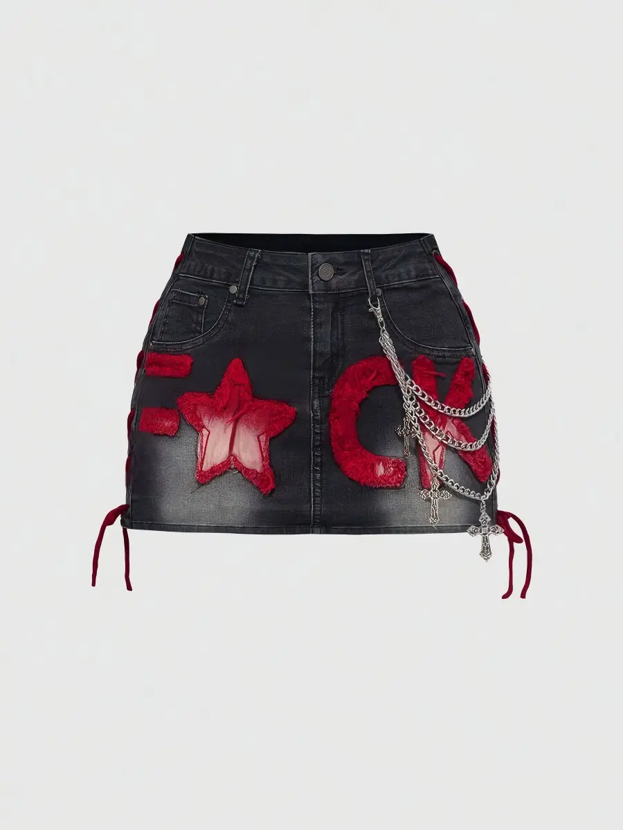 Women Embroidered Denim Mini Skirt With Chain Charm, Black Washed Jean Skirt, Y2K Street Fashion New Arrival For Spring Summer Casual Embroidery