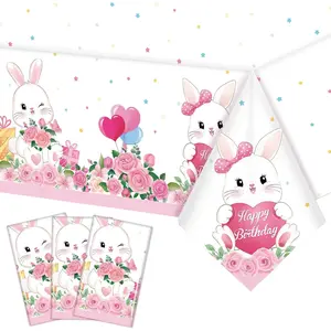 3 Pcs Easter Bunny Party Supplies Tablecloth Rabbit Plastic Table Covers Cloth Bunny Themed Birthday Decorations for Party Supplies Gifts