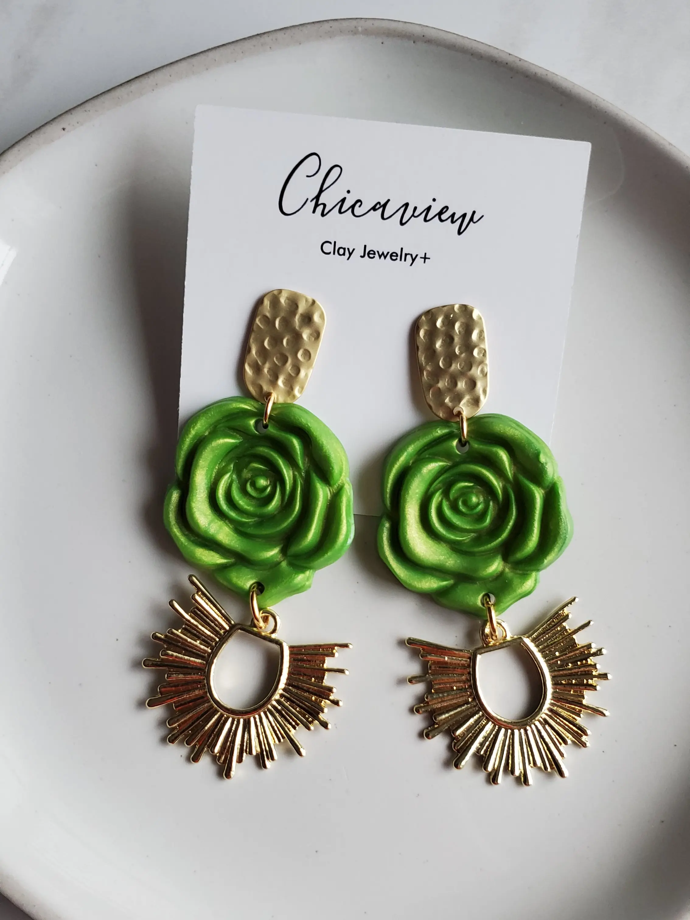 Pearl Green Rose Flower Statement Polymer Clay Earrings for Summer, Special Event, Birthday Party, Gala, Mexico, Bohemian.