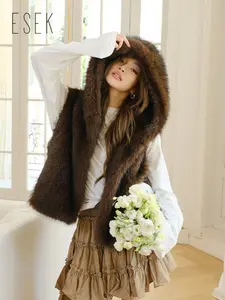 Women's Hooded eco-friendly fur Vest Jacket, Hooded Design, Modern Style, Lightweight Layering, Casual Outdoor Wear, Fall & Winter Fashion