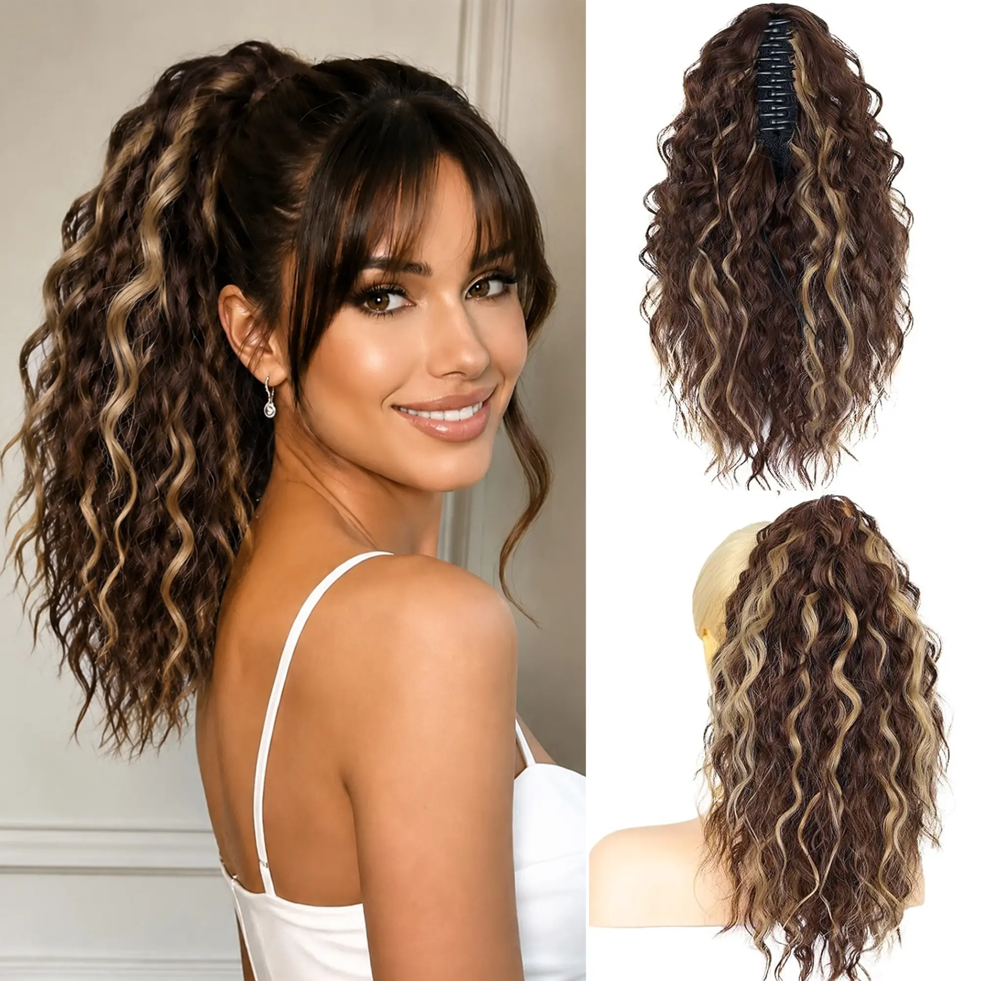Summervibes Ponytail Extension 18" Wavy Claw Clip Ponytail Extensions Shoulder Length Curly Wavy Claw Clip in Ponytail Hair Extensions Ponytails Hairpieces