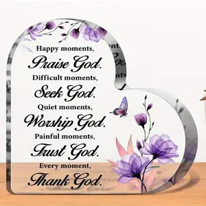 Heart Shaped Acrylic Christian Inspirational Sign, Praise God Thank God Religious Desk Decor Plaque, Bible Verse Faith Gift for Women Friends Family, Purple Floral Butterfly Desktop Tabletop Ornament Christian Keepsake Gift