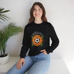 Men's México 2026 Fútbol Crewneck Cotton Sweatshirt - Classic Tops, Ribbed Knit, Embroidered Floral Design, Soccer Championship Country Pride, Casual Fit