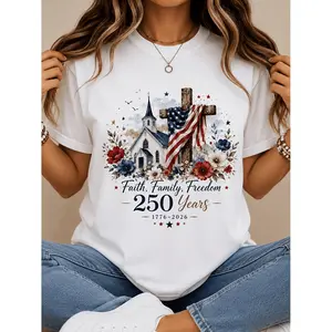 Plus Size - Women'S Faith Family Freedom 250 Years Graphic T-Shirt, Patriotic Church Cross Floral Print Tee, Casual Short Sleeve Crew Neck Top, 1776-2026 Independence Day Summer Outfit