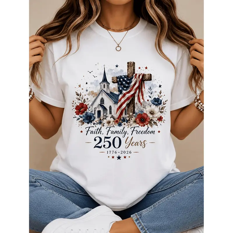 Plus Size - Women'S Faith Family Freedom 250 Years Graphic T-Shirt, Patriotic Church Cross Floral Print Tee, Casual Short Sleeve Crew Neck Top, 1776-2026 Independence Day Summer Outfit