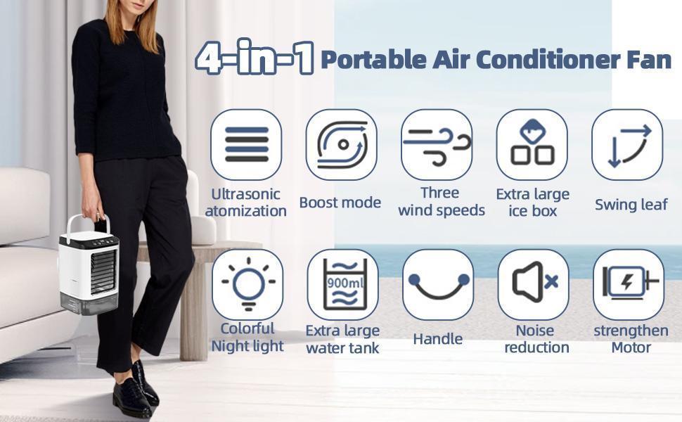 Portable Air Conditioner 4-in-1 Mini Personal ac Unit Upgraded Air Cooler Cooling Fan Small Air Conditioner 900ml Tank 3 Cool Mist & Speeds & 7 Night Light for Room Office Camping Car