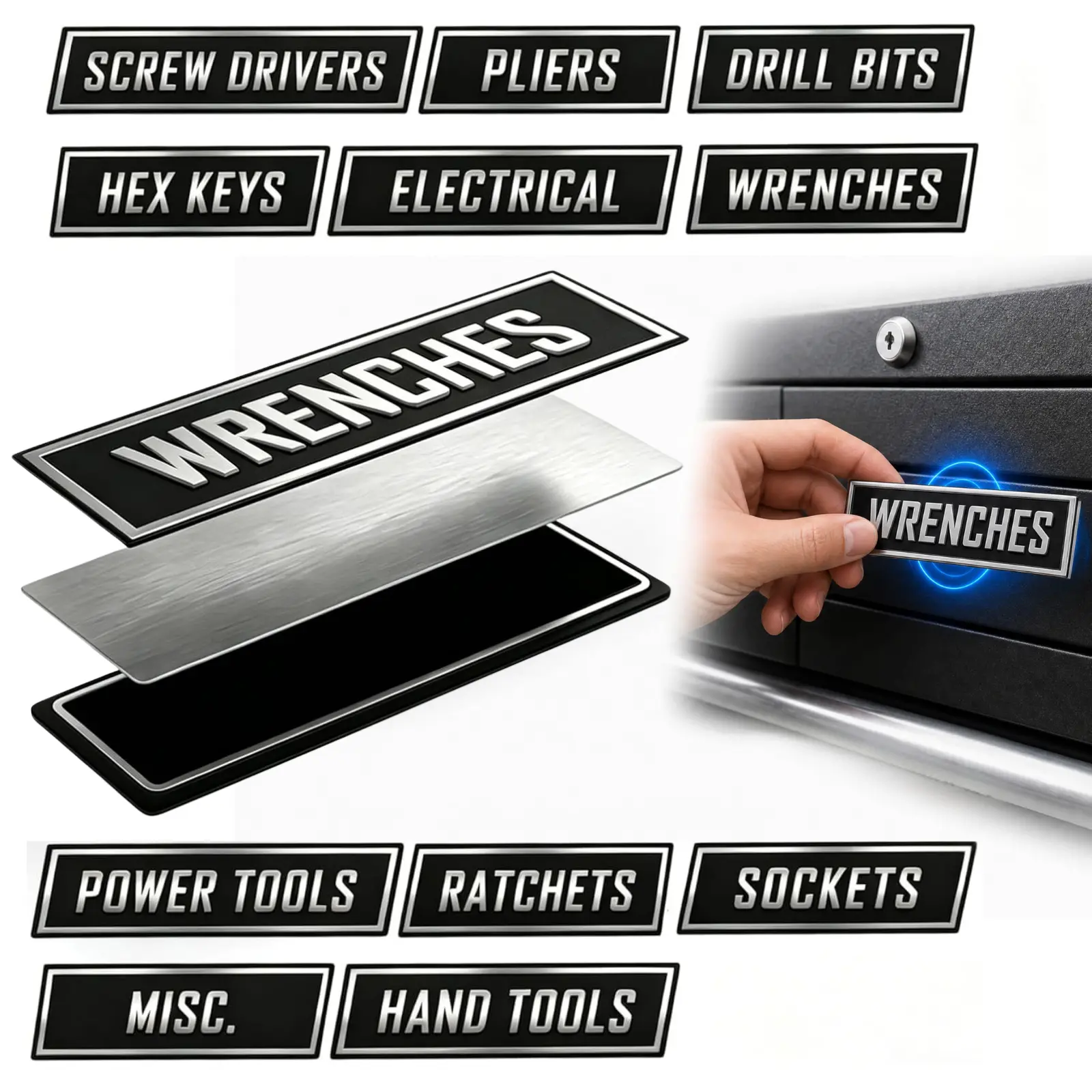 Metal Magnetic Tool Box Labels, 11-Pack Heavy Duty Toolbox Labels Magnet, Large Size Easy-to-Read Tags for Mechanic Drawers, Garage Workshop Storage, Premium Organization Accessories, Gift for Men