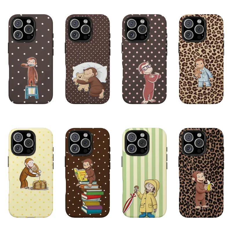 Retro Cartoon Curious George & Banana Art Smartphone Casing - Shockproof Drop Protection, Colorful Polka Dot Design, Cute Cover for iPhone, Samsung Devices, PBS Kid Party-Bright Halloween Gift, Mobile Accessories