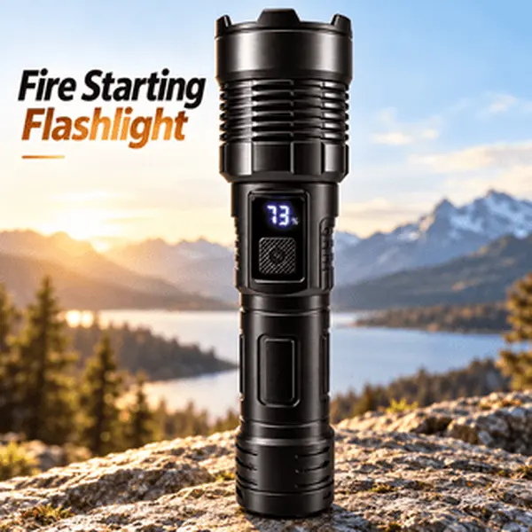 2-in-1 Rechargeable LED Flashlight with Fresnel Lens Fire Starter, Digital Battery Percentage Display, Portable Handheld Outdoor Flashlight for Camping, Hiking, Emergency Preparedness and Outdoor Adventures