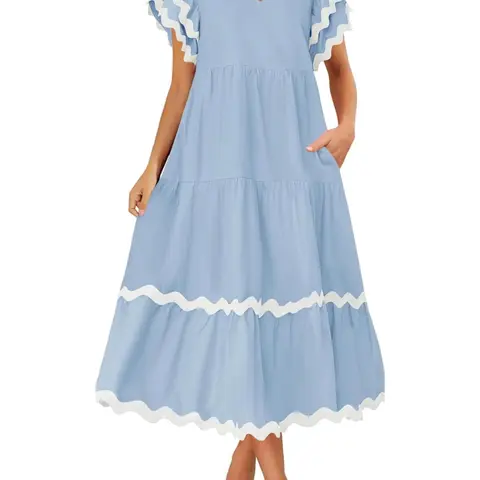 [Plus Size] Colorblock Print V Neck Dress, Elegant Short Sleeve A Line Dress for Summer, Women's Plus Clothing for Daily Wear, Casual Wear, Bohemian Ruffle