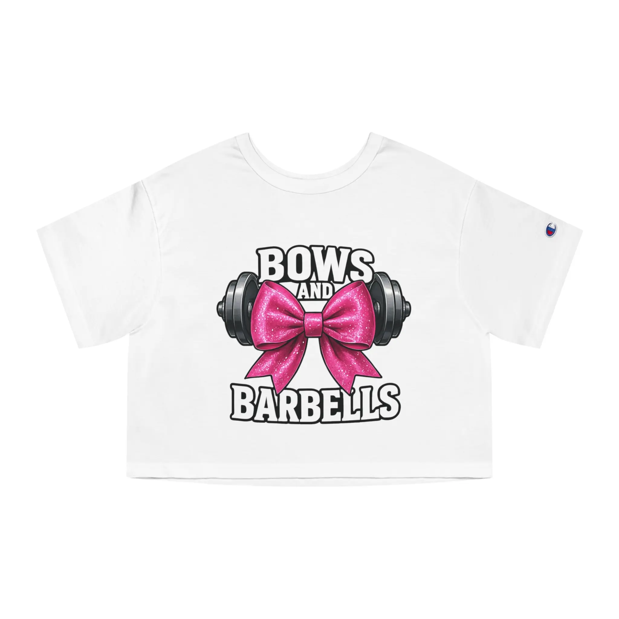 Bows and Barbells Crop Top Tee, Workout Shirt, Gym Top, Fitness Tee, Bow and Dumbbell Shirt