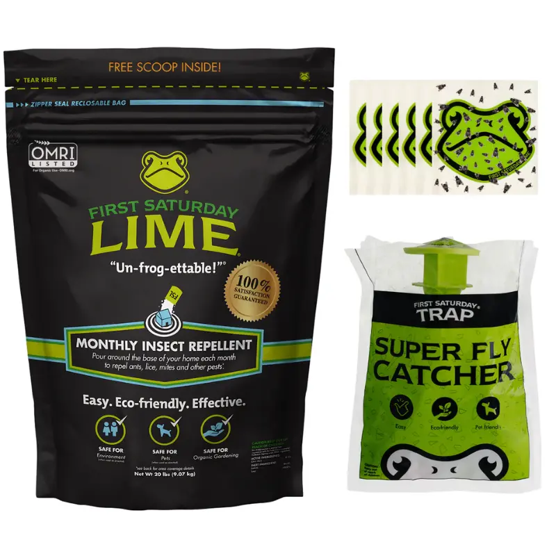 First Saturday Lime Buzz Off Bundle - 20lb Bag Repellent, Super Fly Catcher, 6 Indoor Traps for Effective Fly Control