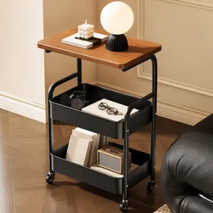 Rolling Side Table Cart, Multi-Tier Sofa and Bedside Storage Shelf, Mobile Snack Organizer for Living Room, Bedroom and Small Spaces