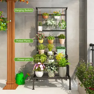 3-Tier Plant Stand Hanging Shelves Flower Pot Organizer Multiple Flower Display Holder Heavy Duty Potted Planter Rack Unit Metal  Compression Hanger