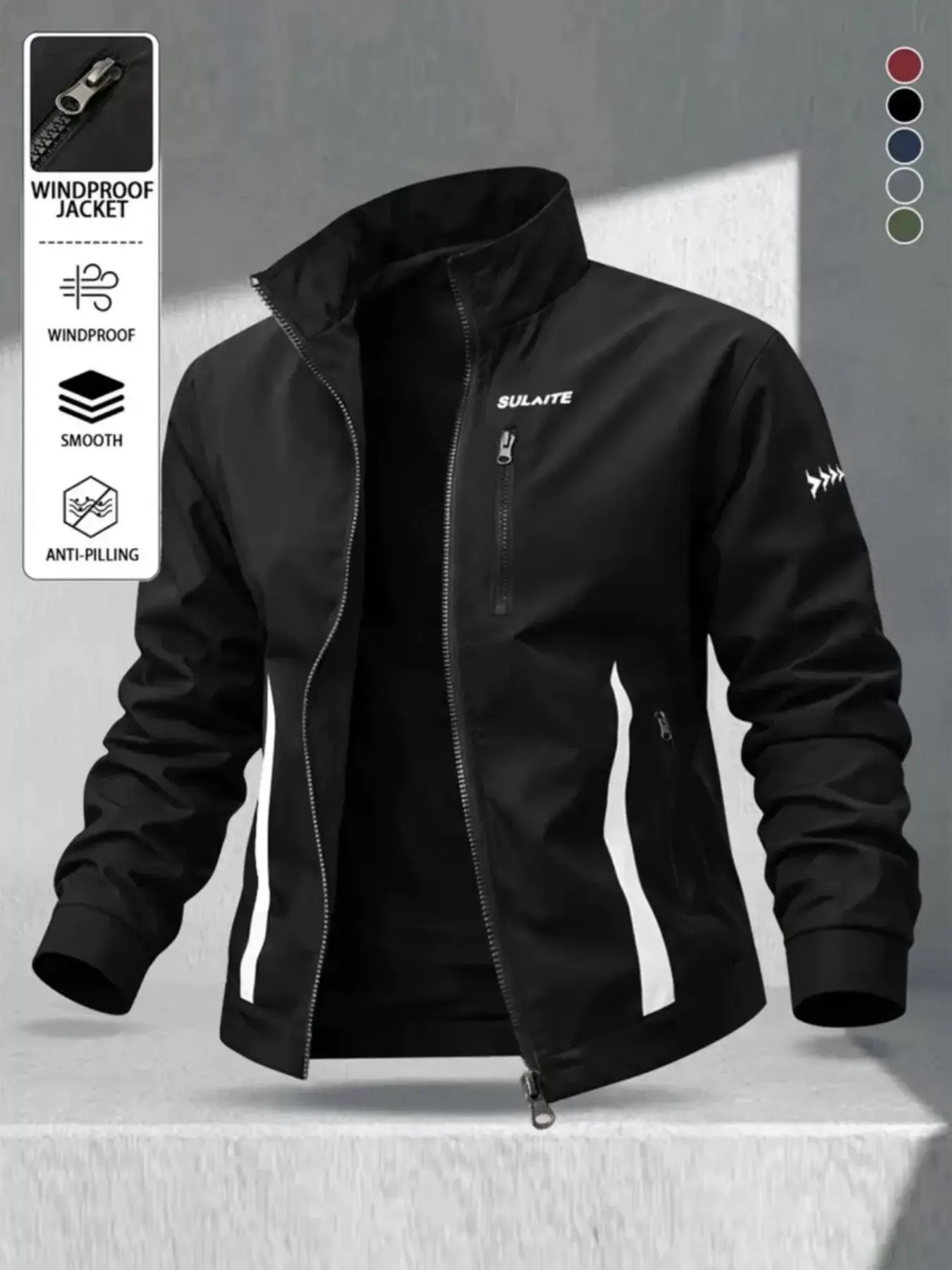 Men Windproof Geometric Jacket | Lightweight Long Sleeve Stand Collar Zip Up Windbreaker Coat for Motorcycle Casual Outdoor