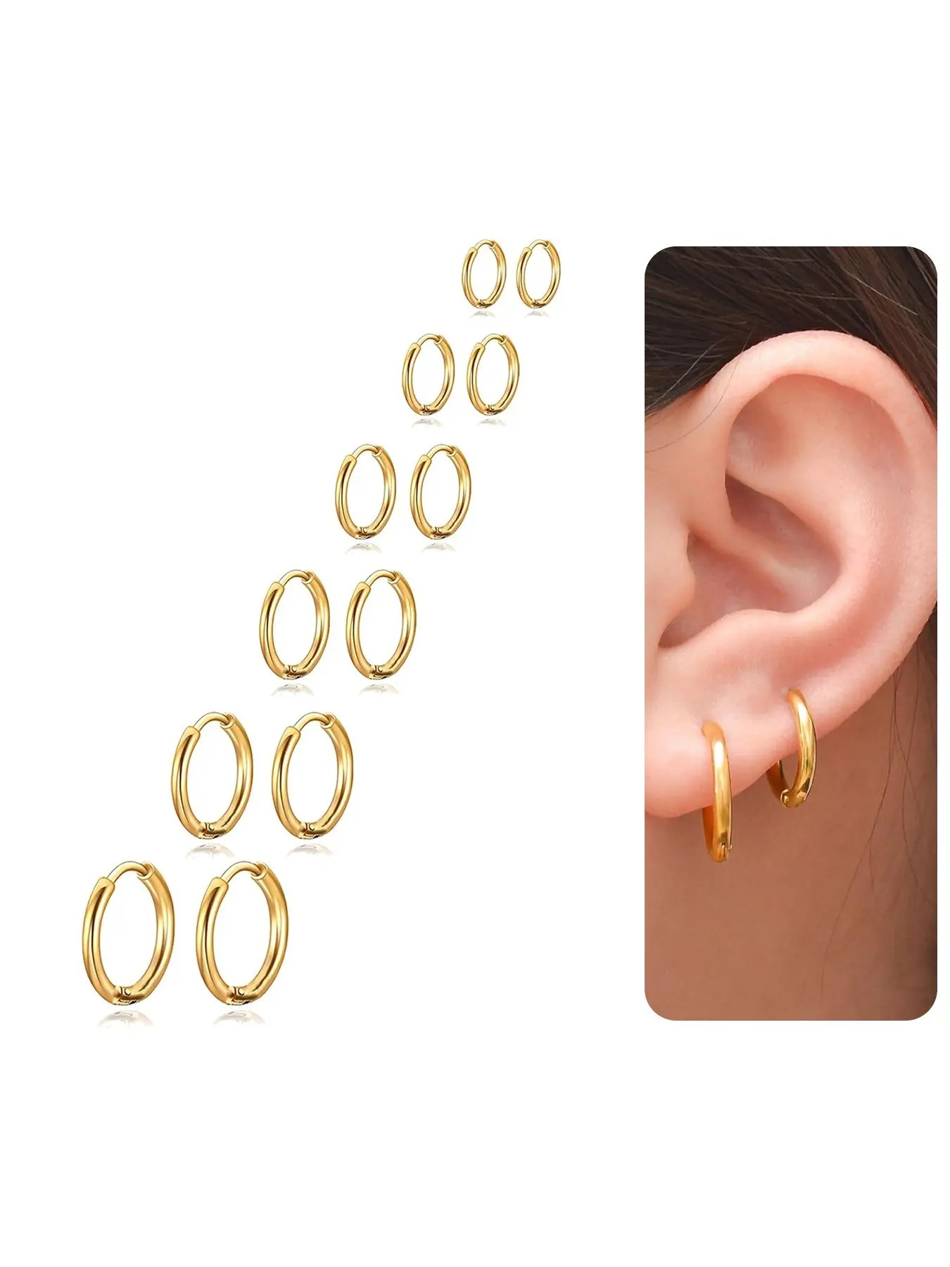 6 Pairs Stainless Steel Huggie Hoop Circle Shape Earrings Cartilage Helix Lobes Hinged Sleeper Tiny Hoops Earrings For Men Women 6/8/10/12/14/16mm Gold Silver Tone Versatile Earrings Hoop Earring Sets Dainty Fashion Jewelry Earring Stacking Set
