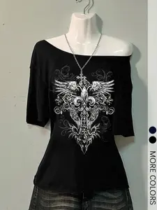 Women's Wing Print & Gothic Style Print Regular Fit Asymmetrical Neckline Knit T-Shirt, Casual Gothic Fitted Top For All Seasons, Women's Graphic Tee for Outing And Daily Wear, Fabric