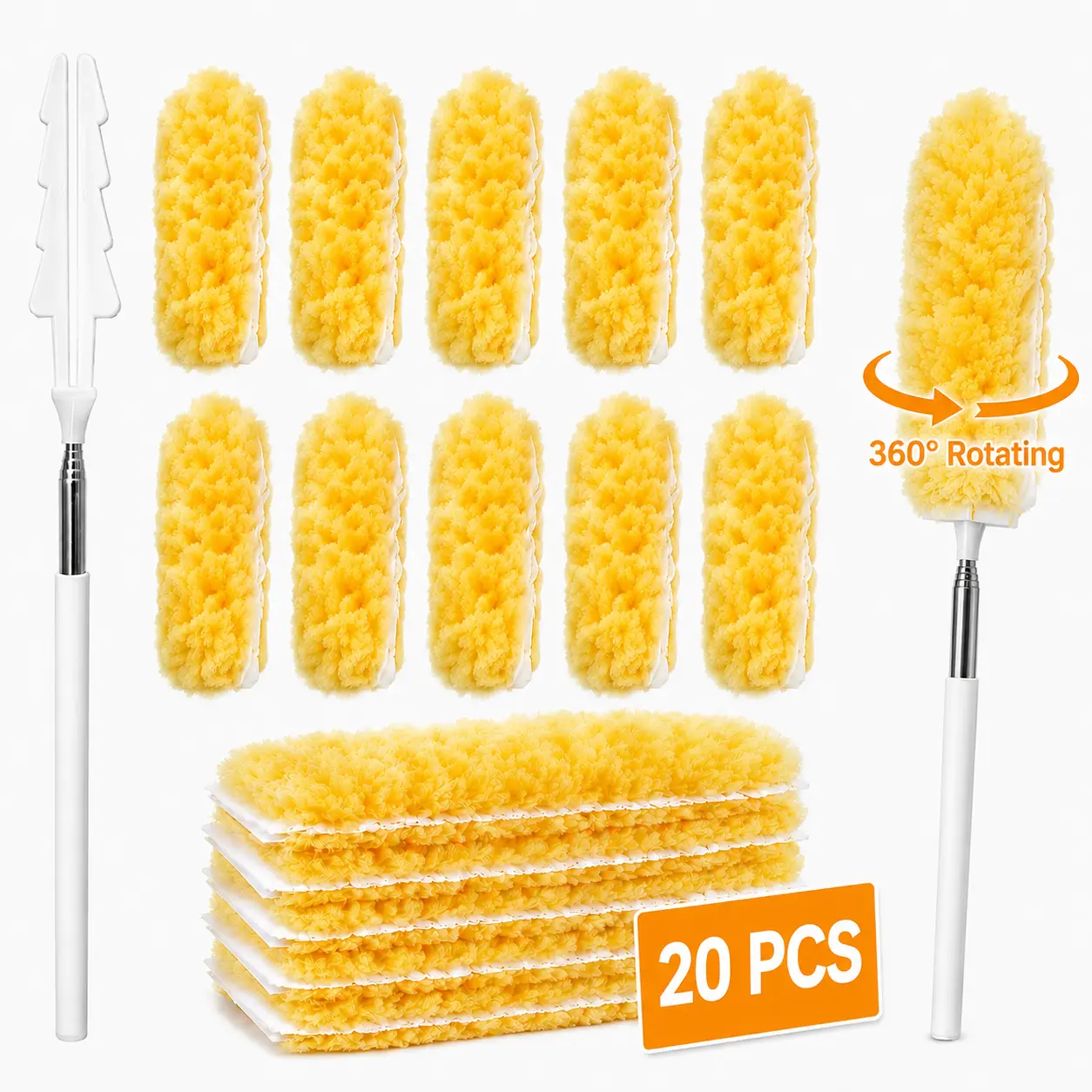 20PCS Disposable Duster Kit, Extendable 360° Rotating Cleaning Duster with Soft Microfiber Refills, Dust Brush for Home, Car Interior, Cabinets, Bookshelves and Hard-to-Reach Areas