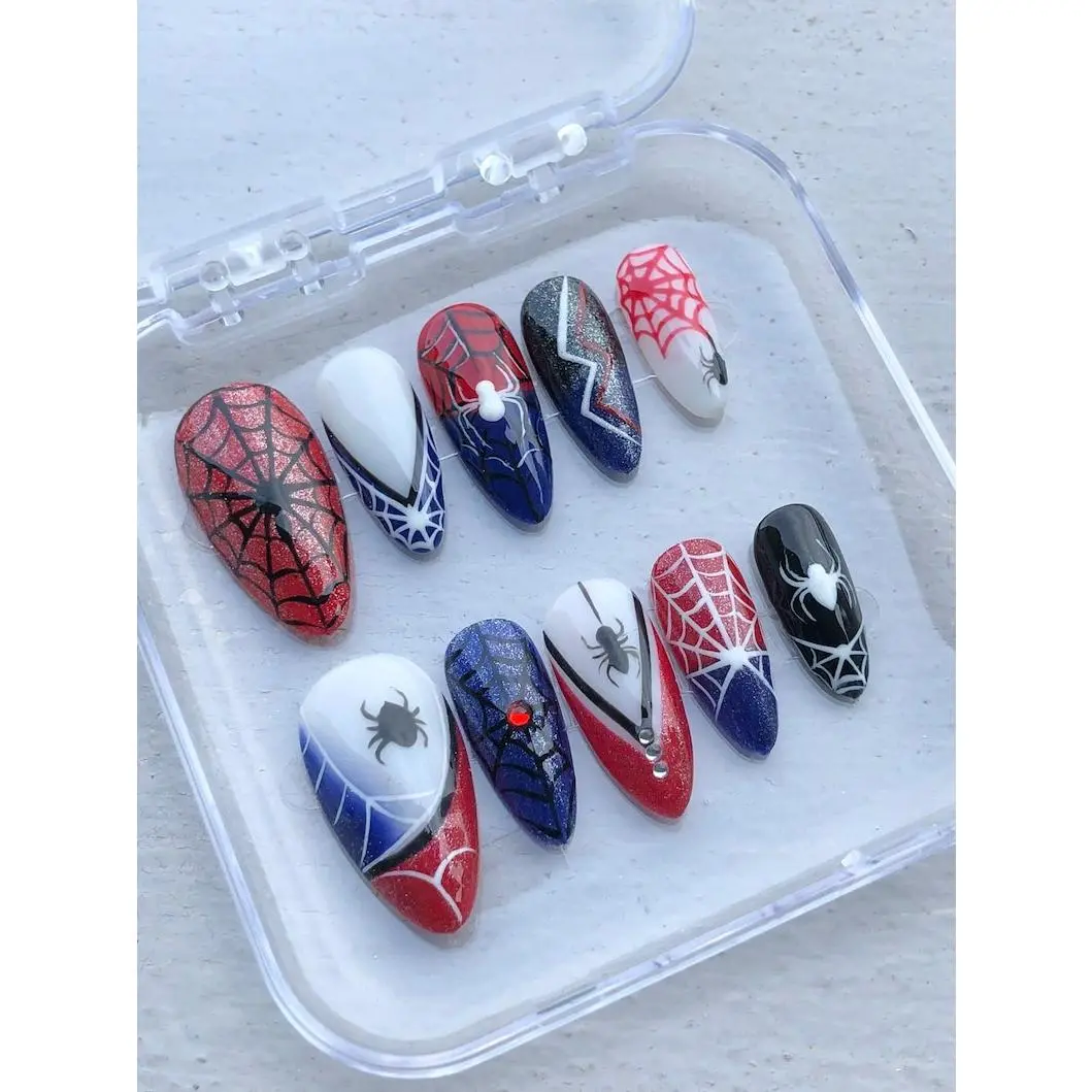 Spider Web Press On Nails | Red Blue Glitter Acrylic Comic Nail Art | Superhero Inspired Fake Nails for Cosplay, Halloween Parties, Festivals or Gifts