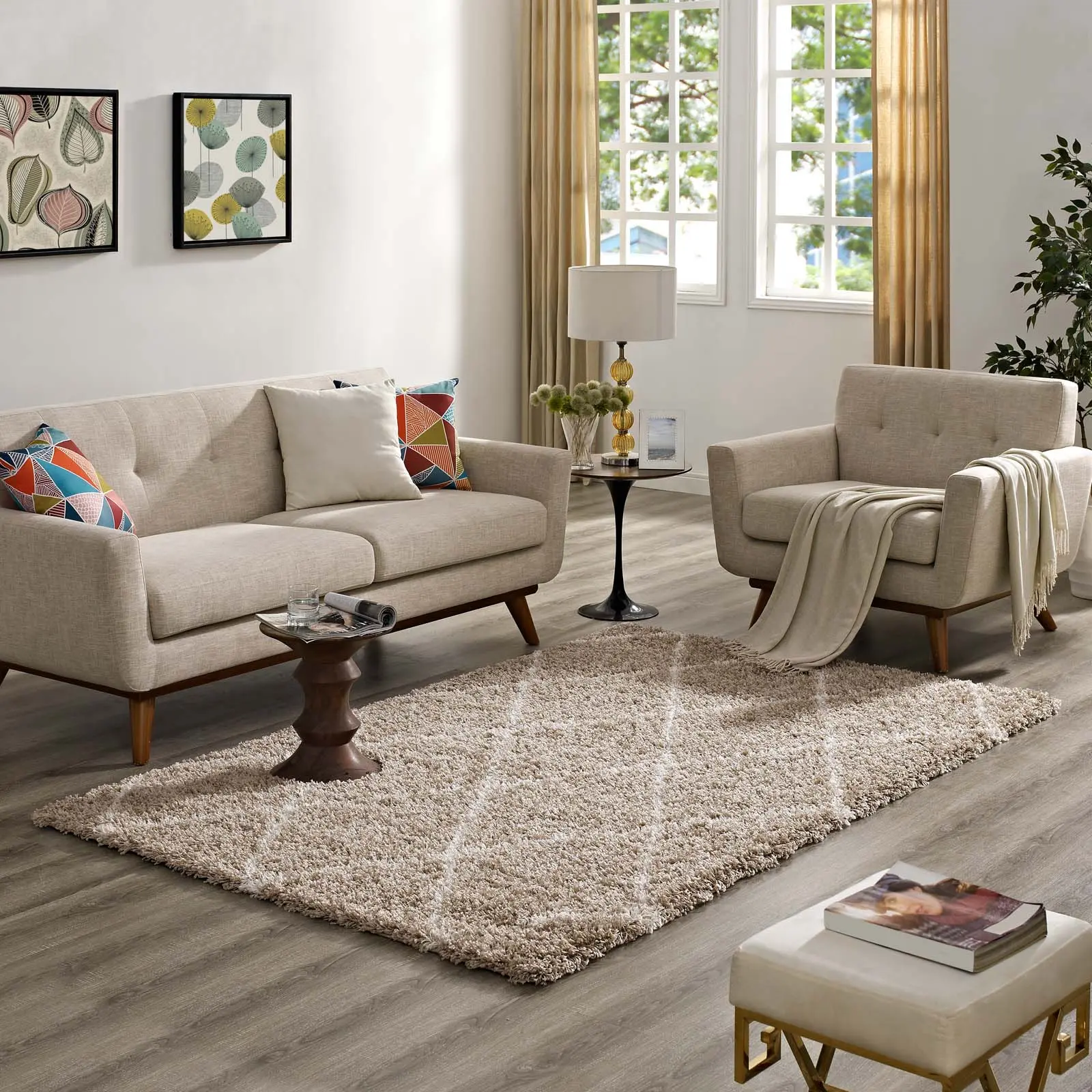 Modway Toryn 5x8 Beige & Ivory Diamond Lattice Shaggy Rug, Decorative Geometric Design Modern Patterned Statement Floor Rug, Decorative Area Rug, Geometric Design Rug