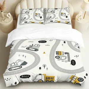 3PCS Duvet Cover Set, 1 Duvet+2 Pillowcases(Without filler), Construction Truck Road Vehicle  theme, Christmas bedding set, Cozy Machine Washable Durable Suitable for decoration bedroom, guest room, hotel, dorm.