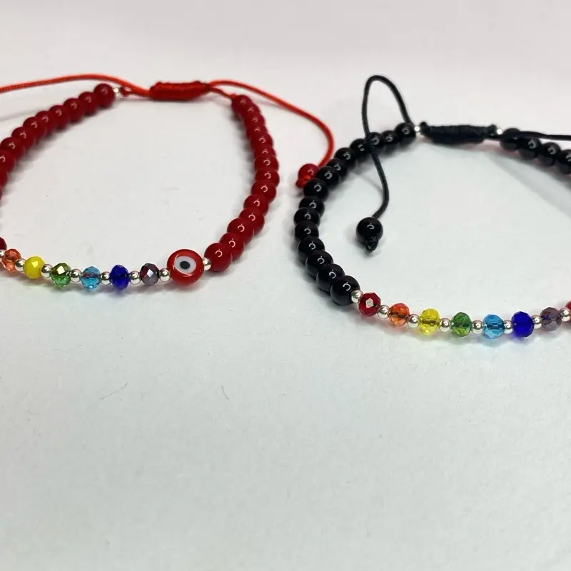 925 Sterling Silver Evil Eye Bracelet for Adults, Minimalist Style with Rainbow Faceted Glass Beads, Adjustable Sliding Knot for Stacking, Crystal, Glossy, Rainbow Beads, Evil Eye Bead