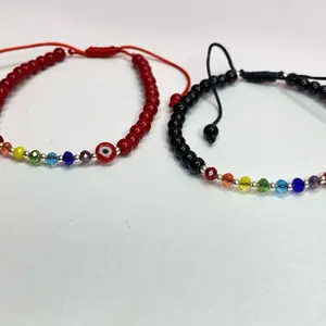 Evil Eye Bracelet | 925 Sterling Silver Spacer Beads | Adjustable Rainbow Beaded Bracelet (Red or Black)