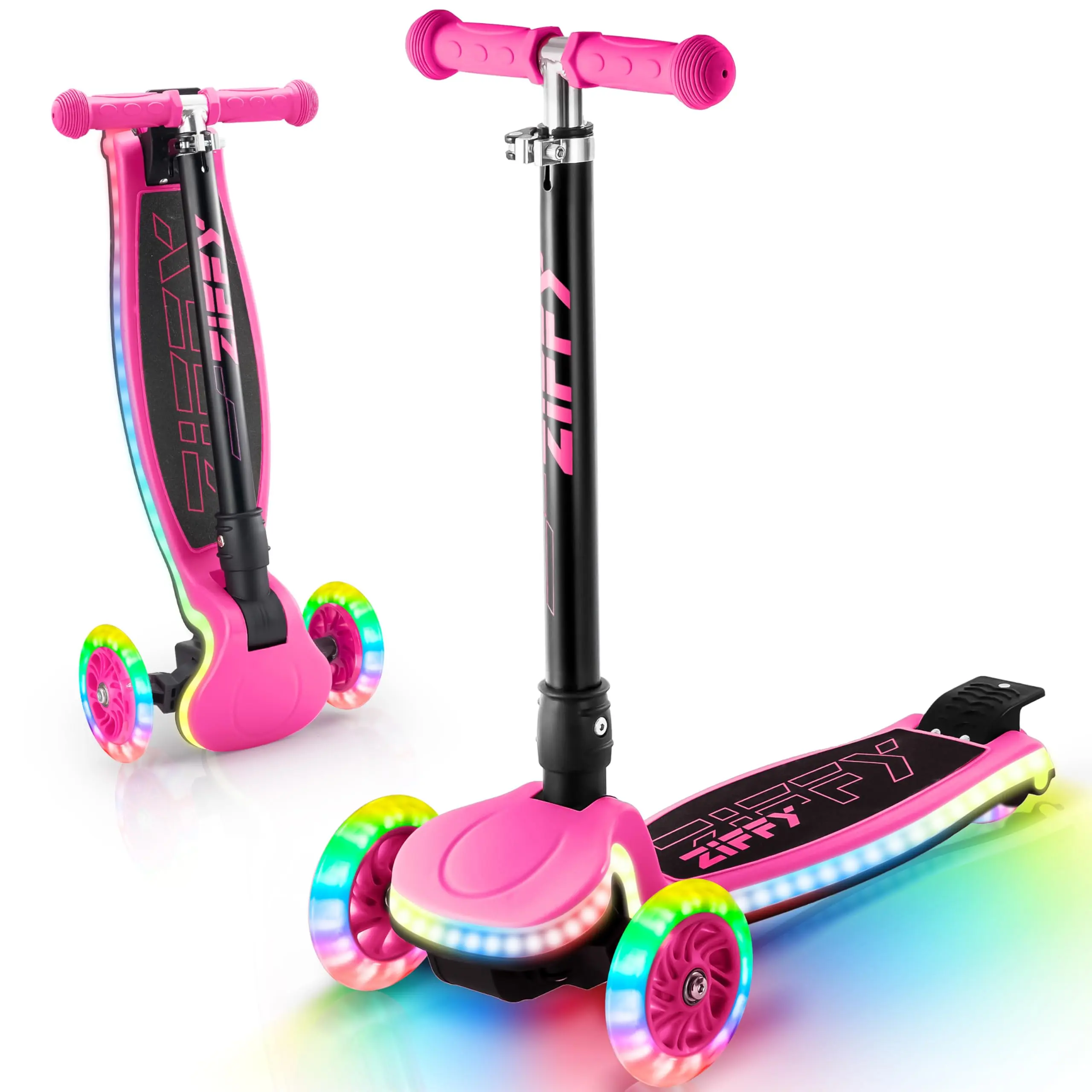 ZIFFY JOVA Unisex 3-Wheel Aluminum Light-Up Ride On Scooter with Ride On Wheels, 20 Dynamic LED Lights for Glow-Safe Visibility, 4 Adjustable Heights, Lean-to-Steer, 110LBS Capacity, Anti-Slip, for Ages 3-8