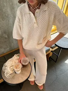 Women's Short Sleeve Knitted Long Pants Casual Fashion Two-Piece Set, European & American Style, Comfortable and Stylish