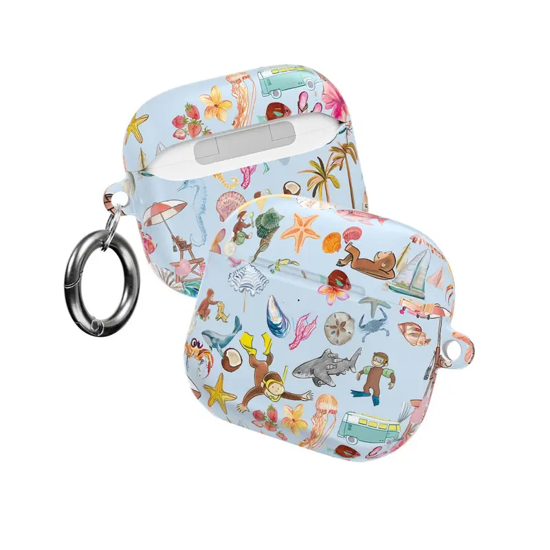Curious Georgee Airpods Case, Cute Monkey Case, Cartoon Summer Vibes AirPods Case, Cute Beach & Ocean Pattern with Keychain Clip, Tech Accessories