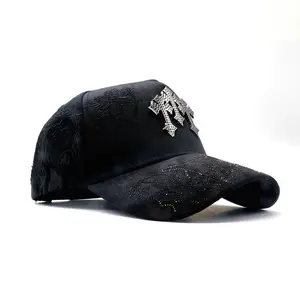Hip-hop Chrome Crystal Cross Black Snapback Premium Quality Adjustable Snapback Hat with Crystal Accent Trendy Street Fashion for Daily Wear Sports and Casual Occasions