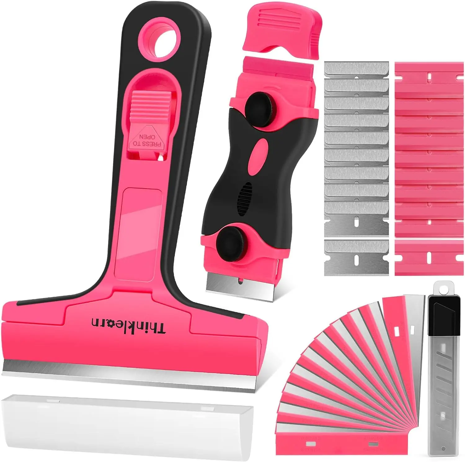 THINKLEARN Razor Blade Scraper Tool Kit - 2 Pink Sticker Scrapers for Glass Stoves, 40 Replacement Blades for Decal, Label, Adhesive Removal from Windows, Countertops, Sticker Scraper