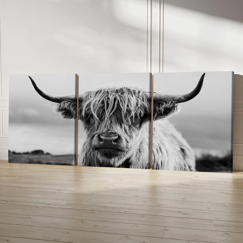 3Pcs Wooden Framed Canvas Painting, Black And White Highland Cow Portrait, Exquisite Poster, Home Decoration, Pattern Wall Art Decor, For Living Room, Bedroom, Office, Restaurant, Bar Wall Decor, Odorless, Painting, Print Artwork.