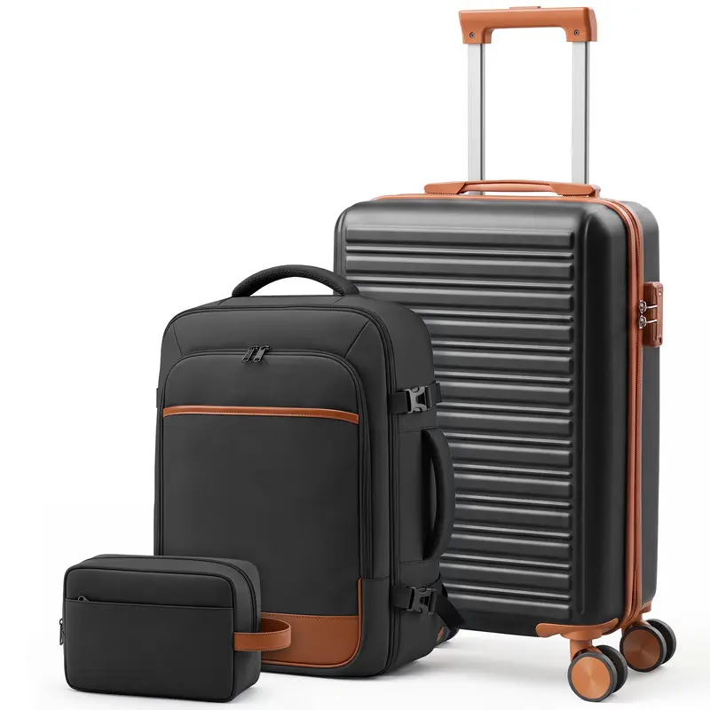 Hard Shell Travel Luggage Set (3-Piece) with Backpack, Toiletry Bag, Zipper, TSA Lock, Spinner Wheels, Compression Straps for Business Trips & Vacations, Luggage Sets